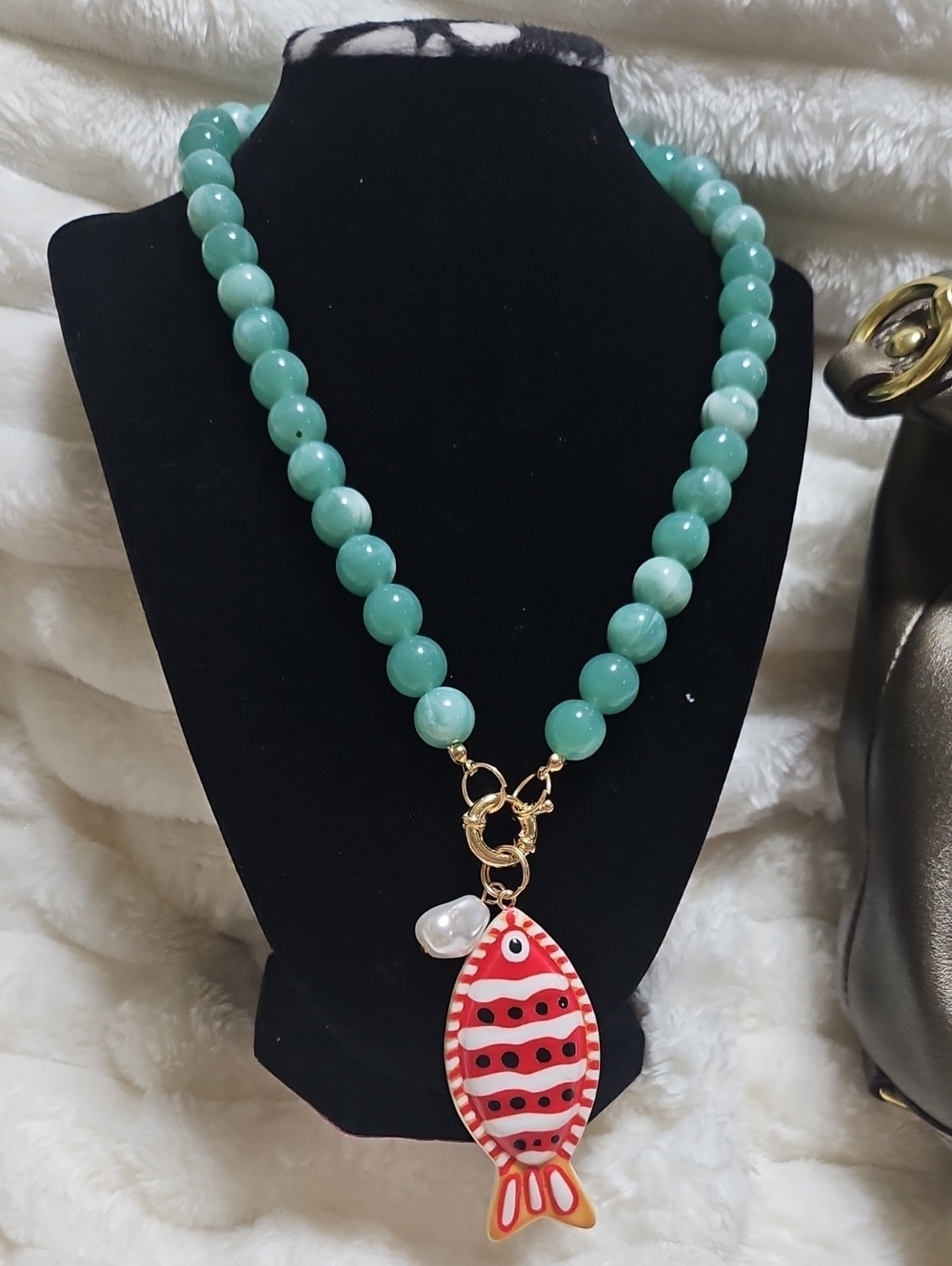 Handmade Turquoise Bead Necklace/ bag charm with Red Fish Pendant